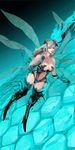  antennae aqua_background boots breasts center_opening cleavage full_body gloves green_legwear grey_eyes grey_hair highres honeycomb_(pattern) honeycomb_background insect_wings konoe_kishi large_breasts long_hair midriff navel original solo thigh_boots thighhighs wings 