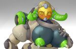 areola big_breasts blizzard_entertainment blush bodily_fluids breasts female hand_on_breast hi_res horn huge_breasts lactating machine metal metallic_body milk multicolored_body nipples omnic orisa_(overwatch) overwatch robot solo taur thiccrobots