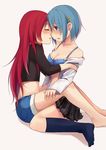  bare_shoulders barefoot black_legwear blue_eyes blue_hair blush bra breasts cleavage closed_eyes face imminent_kiss jing_hu kneehighs lingerie long_hair mahou_shoujo_madoka_magica medium_breasts midriff miki_sayaka multiple_girls no_jacket off_shoulder open_clothes open_shirt red_hair sakura_kyouko shirt short_hair shorts simple_background sitting sitting_on_lap sitting_on_person skirt underwear wariza yuri 