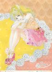  blonde_hair dress female final_fantasy final_fantasy_iv green_eyes hair_ornament high_heels highres long_hair ponytail rosa_farrell shoes sitting solo yama-biko yamabikobeny 