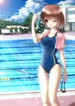  ahoge aldehyde bench blue_sky blue_swimsuit blush brown_eyes brown_hair chair cloud collarbone competition_swimsuit day forest goggles goggles_removed lane_line nature one-piece_swimsuit one_eye_closed open_mouth original outdoors pool pool_ladder poolside school short_hair sky solo standing sun sunlight swimsuit thigh_gap towel towel_around_neck tree wet wet_clothes wet_hair 