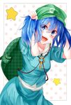  backpack bad_id bad_pixiv_id bag blue_eyes blue_hair blush hair_grab hat kawashiro_nitori key open_mouth rukito smile solo star touhou two_side_up 