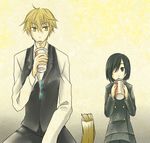  1girl awakusu_akane black_hair blonde_hair bow bowtie brown_eyes drink durarara!! heiwajima_shizuo school_uniform short_hair sitting skirt sunglasses vest yellow_eyes 