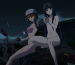  asobi_ni_iku_yo! breasts cloud flat_chest futaba_aoi_(asobi_ni_iku_yo!) ground_vehicle gun helmet kinjou_manami large_breasts long_hair long_legs motor_vehicle motorcycle multiple_girls night night_sky nipples nude screencap short_hair sky weapon zenra 