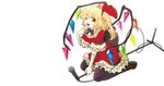  blonde_hair dress elbow_gloves fang flandre_scarlet frills full_body gathers gem gloves hair_ribbon microphone murasin one_eye_closed pantyhose petticoat red_eyes red_skirt ribbon short_dress side_ponytail sitting skirt smile solo striped striped_ribbon touhou transparent_background 