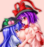  bad_id bad_pixiv_id blue_hair blush breast_biting breast_grab breast_sucking breasts couple grabbing hat hinanawi_tenshi huge_breasts kemoyuri multiple_girls nagae_iku purple_hair red_eyes touhou yuri 