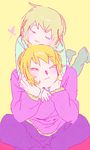  blonde_hair brown_hair closed_eyes hair_ornament hairclip hidamari_sketch hug hug_from_behind miyako multiple_girls tamagogogo yuno 