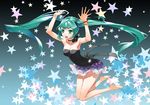 aqua_eyes aqua_hair armpits arms_up bare_legs bare_shoulders barefoot bracelet breasts choker collarbone dress feet floating_hair gradient gradient_background hatsune_miku jewelry justminor long_hair medium_breasts open_mouth skirt solo star strapless strapless_dress twintails very_long_hair vocaloid 