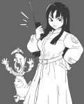  1girl 2boys ash_baby_(meme) bamman belt black_hair breasts closed_eyes dog dragon_ball dragon_ball_(classic) dress greyscale hand_on_own_hip hat height_difference highres holding holding_walkie-talkie long_hair long_sleeves looking_at_viewer mai_(dragon_ball) meme military_uniform monochrome multiple_boys open_mouth pilaf pointy_ears shuu_(dragon_ball) small_breasts smile sword walkie-talkie weapon 