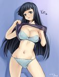  black_hair blue_bra blue_eyes blue_panties bra breasts cleavage gradient gradient_background groin large_breasts light_smile lingerie lips long_hair niku_(kimagureya) original panties shirt_lift solo underwear 