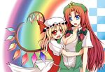  bad_id bad_pixiv_id beret blonde_hair blue_eyes braid breasts cleavage fang flandre_scarlet hat heart heart_wings hong_meiling hug large_breasts long_hair multiple_girls red_eyes red_hair ryuushou star touhou twin_braids upper_body wings 