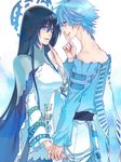  1girl bare_shoulders black_hair blue_eyes blue_hair chawan_fukasu fugen_shinjin holding_hands houshin_engi long_hair profile ryuukitsu_koushu very_long_hair 