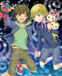  barnaby_brooks_jr blonde_hair brown_eyes brown_hair character_doll child green_eyes holding_hands hood hoodie jacket kaburagi_t_kotetsu kanou_ayumi kneehighs legend_(tiger_&amp;_bunny) male_focus multiple_boys necktie shoes shorts sneakers tiger_&amp;_bunny toy white_legwear younger 