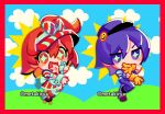  +_+ 2girls a.i._voice adachi_rei blue_sky border bow chibi closed_mouth cloud_background cosplay dancing dress full_body gloves hand_up hat hat_bow hill kepi mesmerizer_(vocaloid) metakirya military_hat multiple_girls one_side_up open_mouth orange_eyes orange_hair outstretched_arm pants pinstripe_dress pinstripe_pattern pinstripe_shirt purple_eyes purple_hair purple_hat purple_pants purple_shirt red_border red_dress roller_skates shirt short_hair skates sky smile standing standing_on_one_leg twitter_username utane_uta utau v-shaped_eyebrows visor_cap wrist_cuffs yellow_gloves 