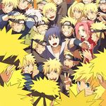  6+boys black_hair blonde_hair blue_eyes clone closed_eyes facial_mark forehead_protector genderswap genderswap_(mtf) green_eyes happy haruno_sakura hatake_kakashi headband heart heart_eyes mask multiple_boys multiple_girls multiple_persona naruko naruto naruto_(series) oba-min open_mouth pink_hair short_hair silver_hair smile team7 twintails uchiha_sasuke uzumaki_naruto whisker_markings 