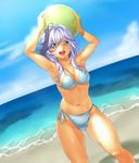  :d armpits arms_up ball beach beachball bikini blush breasts cloud collarbone day lavender_eyes lavender_hair medium_breasts navel ocean onsoku_maru open_mouth outdoors shiony_regis side-tie_bikini sky smile solo super_robot_wars super_robot_wars_z2 swimsuit thighs underboob water white_bikini 