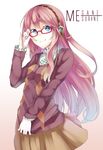  adjusting_eyewear argyle blue_eyes character_name glasses headphones highres long_hair megurine_luka nail_polish pink_hair red-framed_eyewear retsuna skirt smile solo very_long_hair vocaloid 