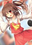  armpits bad_id bad_pixiv_id blush bow brown_eyes brown_hair detached_sleeves hair_bow hair_tubes hakurei_reimu highres long_sleeves one_eye_closed open_mouth oruto_(ort+) outstretched_arms shirt skirt skirt_set smile solo touhou yin_yang 