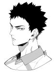  1boy adam&#039;s_apple collared_shirt commentary_request cropped_shoulders from_side greyscale haikyuu!! highres iwaizumi_hajime looking_at_viewer male_focus monochrome omg_genjitsu parted_lips shirt short_hair signature simple_background solo spiked_hair white_background wing_collar 