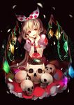  alternate_hairstyle blonde_hair blush bow crystal dress fang flandre_scarlet flower hair_bow highres long_hair open_mouth petals plant polka_dot red_eyes red_flower red_rose ribbon rose sheska_xue short_hair sitting skull smile solo touhou very_long_hair vines wings 