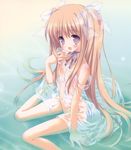  :d blonde_hair blush bow copyright_request flat_chest hair_bow highres light_brown_hair long_hair morinaga_korune navel nipples open_mouth purple_eyes see-through sitting smile solo source_request submerged twintails very_long_hair wariza water wet wet_clothes 