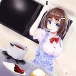  blue_eyes brown_hair cooking hair_ornament hairclip ladle modose_ruruki original short_hair solo 