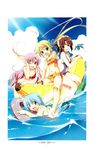  3girls artist_request ayasaki_hayate bikini blue_hair blush brown_hair green_eyes hayate_no_gotoku! highres katsura_hinagiku legs long_hair maria maria_(hayate_no_gotoku!) multiple_girls pink_hair short_hair smile swimsuit thighs v water yellow_eyes 