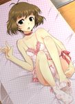  aitanikofu akizuki_ryou antenna_hair babydoll bed blush brown_hair bulge crossdressing green_eyes idolmaster idolmaster_dearly_stars leg_garter lingerie male_focus open_mouth otoko_no_ko panties short_hair sock_pull socks solo underwear 