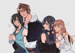  1boy 3girls arm_around_shoulder arm_around_waist black_gloves black_hair blush brown_hair couple detached_sleeves dress final_fantasy final_fantasy_viii final_fantasy_xiv fur_trim gaia_(ff14) gloves highres holding_hands in-franchise_crossover multiple_girls rinoa_heartilly ryne_waters scar scar_on_face shio_ga squall_leonhart upper_body yuri 