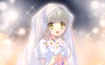  blush bouquet bracelet dress flower flyable_heart hair_bobbles hair_ornament highres itou_noiji jewelry solo sparkle upper_body veil wallpaper wedding_dress white_dress yellow_eyes yukishiro_suzuno 