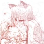  2girls animal_ears blush breath cat_ears couple eila_ilmatar_juutilainen hand_on_another's_cheek hand_on_another's_face heart long_hair looking_down looking_up monochrome multiple_girls necktie open_mouth ryou_(shirotsumesou) saliva sanya_v_litvyak short_hair sketch strike_witches sweatdrop tears tongue world_witches_series yuri 