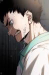  1boy adam&#039;s_apple biting_own_lip black_hair clenched_teeth collared_shirt commentary_request constricted_pupils crying furrowed_brow haikyuu!! highres iwaizumi_hajime male_focus omg_genjitsu profile shirt short_hair solo spiked_hair sportswear streaming_tears sweat tears teeth translation_request veins volleyball_uniform 