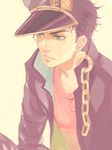  black_hair chain earrings eyelashes gakuran green_eyes hat jewelry jojo_no_kimyou_na_bouken kuujou_joutarou long_coat male_focus school_uniform solo stardust_crusaders tegaki uniinu 