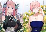  2girls ;) ace_(playing_card) ace_of_hearts asymmetrical_hair black_ribbon black_shirt blue_dress blue_eyes blunt_bangs bracelet breasts bug butterfly butterfly_hair_ornament card chicke_iii cleavage clothing_cutout comiket_105 commentary_request dress five_of_hearts flower four_of_hearts go-toubun_no_hanayome gradient_nails hair_between_eyes hair_ornament half-heart_hands hand_up heart highres jacket jewelry ladybug large_breasts looking_at_viewer medium_hair multiple_bracelets multiple_girls multiple_necklaces nakano_ichika nakano_nino necklace off_shoulder one_eye_closed open_clothes open_jacket pink_hair playing_card ribbon shirt shirt_tucked_in short_hair shoulder_cutout siblings sisters sleeveless sleeveless_dress smile three_of_hearts two_of_hearts two_side_up yellow_flower yellow_jacket 