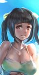  bare_shoulders black_hair bow_(bhp) breasts cleavage large_breasts light_smile long_hair mole mole_under_mouth original red_eyes solo twintails underboob 