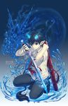  ao_no_exorcist blue_fire dragon eastern_dragon fire flaming_sword highres holding holding_sword holding_weapon kaze-hime looking_at_viewer male_focus okumura_rin one_knee pointy_ears solo sword tail unsheathed water weapon 
