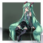  arm_support boots crossed_legs detached_sleeves green_eyes green_hair hatsune_miku long_hair makai_no_koutaishi necktie sitting skirt solo thigh_boots thighhighs twintails very_long_hair vocaloid 