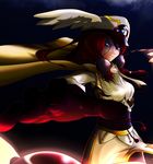  bad_id bad_pixiv_id blazblue blue_eyes cape darkness foreshortening hands hat long_hair outstretched_hand rabeat red_hair serious solo tsubaki_yayoi wings 