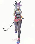  1girl belt black_belt black_gloves black_horns black_pantyhose black_tail blue_shoes breasts commentary_request curled_horns demon_tail earrings gloves grey_background grey_hair hair_between_eyes highres horns jewelry key_earrings large_breasts looking_at_viewer multicolored_hair natsume_koji pantyhose parted_lips pink_shorts pink_socks purple_visor red_eyes running shirt shoes shorts signature simple_background sneakers socks solo streaked_hair sweat tail white_shirt wuthering_waves zani_(wuthering_waves) 