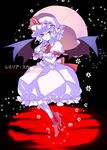  :&gt; ascot bat_wings character_name floating flower frilled_skirt frills hat high_heels lavender_hair parasol petticoat red_eyes remilia_scarlet shoes short_hair short_sleeves skirt skirt_set slit_pupils solo touhou umbrella wings xingna 