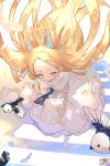  1girl absurdres animal_ears artist_name bird blonde_hair blue_archive bright_pupils chinese_commentary commentary_request dated detached_sleeves dress feathers flower fox_ears hair_flower hair_ornament halo highres long_hair petticoat seia_(blue_archive) sleeves_past_fingers sleeves_past_wrists slit_pupils solo tsukibara white_dress white_flower white_pupils yellow_eyes yellow_halo 
