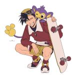  1boy 55oshimechan aipom black_hair black_shirt commentary_request ethan_(pokemon) eyewear_on_headwear goggles grin hat highres holding holding_skateboard jacket long_sleeves male_focus pokemon pokemon_(creature) pokemon_adventures pokemon_on_back red_jacket red_shoes red_socks shirt shoes short_hair shorts simple_background skateboard smile socks spread_legs squatting teeth twitter_username white_background yellow_eyes yellow_hat yellow_shorts zipper_pull_tab 