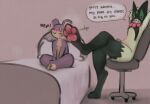 3_toes ambiguous_gender anthro bed blush chair crossed_legs dialogue digitigrade duo feet flustered foot_focus furniture generation_1_pokemon generation_9_pokemon hands_behind_head leaning leaning_backward markings meowscarada miii_cho mole_(marking) nintendo nudging pawpads paws pink_pawpads pokemon pokemon_(species) rattata sitting size_difference toes