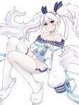  1girl animal_ears animal_slippers azur_lane blue_bow blue_hairband blue_headband blue_ribbon blue_sleeve_cuffs bow breasts bunny_slippers collarbone commentary_request dress fake_animal_ears hair_between_eyes hair_ornament hairband halterneck headband highres laffey_(azur_lane) laffey_ii_(azur_lane) long_hair long_sleeves looking_at_viewer np25np off-shoulder_dress off_shoulder panties pantyhose rabbit-shaped_pupils rabbit_brooch rabbit_ears rabbit_hair_ornament rabbit_o-ring red_eyes ribbon short_dress simple_background sitting sleeves_past_fingers sleeves_past_wrists slippers small_breasts solo symbol-shaped_pupils thigh_strap triangle_mouth twintails underwear very_long_hair white_background white_dress white_hair white_panties white_pantyhose white_slippers 