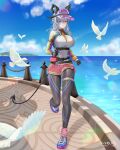  1girl belt bird black_belt black_gloves black_horns black_pantyhose black_tail blue_shoes blue_sky breasts commentary_request curled_horns day demon_tail earrings gloves grey_hair hair_between_eyes highres horns jewelry key_earrings large_breasts looking_at_viewer multicolored_hair natsume_koji outdoors pantyhose parted_lips pink_shorts pink_socks purple_visor red_eyes running shirt shoes shorts signature sky sneakers socks solo streaked_hair sweat tail white_bird white_shirt wuthering_waves zani_(wuthering_waves) 