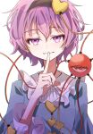  1girl absurdres blue_skirt finger_to_mouth frills gagaku_kawa_rei hair_between_eyes highres komeiji_satori light_smile long_sleeves looking_at_viewer pink_eyes pink_hair puffy_sleeves satori_day short_hair skirt solo third_eye touhou upper_body wavy_eyes white_background 