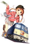  :d absurdres bag blush boots brown_hair ground_vehicle happy hat highres kantoku on_vehicle open_mouth original pen pleated_skirt red_eyes skirt smile solo ticket train twintails 