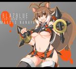  :d animal_ears black_legwear blazblue breasts brown_hair character_name copyright_name dual_wielding fingerless_gloves gloves happy holding large_breasts makoto_nanaya midriff multicolored_hair navel omega.ep open_mouth orange_eyes orange_skirt revealing_clothes short_hair skirt smile solo squirrel_ears squirrel_tail tail thighhighs tonfa two-tone_hair underboob weapon white_hair 