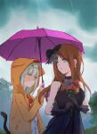  2girls asakura_karen_(heaven_burns_red) bang_dream! bang_dream!_it&#039;s_mygo!!!!! black_dress blush bow brown_hair closed_mouth cosplay crossover dress funeral_dress green_hair heaven_burns_red highres hood hood_up hooded_jacket jacket long_hair long_sleeves multiple_girls nagasaki_soyo open_mouth red_bow sidelocks tail toujou_tsukasa toujou_tsukasa_(cosplay) wakaba_mutsumi weibo_2568076991 yellow_eyes yuri 