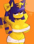 2024 absurd_res animal_crossing ankha_(animal_crossing) anthro bangs big_breasts blue_ears blue_eyeshadow blue_hair breasts buxy chest_wraps clothed clothing digital_drawing_(artwork) digital_media_(artwork) domestic_cat eyebrows eyeshadow featureless_crotch felid feline felis female female_anthro fingers front_view fur glistening glistening_breasts glistening_eyelids glistening_hair hair hi_res makeup mammal markings mouth_closed mummy_wrappings narrowed_eyes navel nintendo nya orange_background paw_pose portrait pose simple_background skimpy solo striped_markings striped_tail stripes tail tail_markings thick_thighs uraeus wraps wraps_only yellow_body yellow_fur yellow_inner_ear